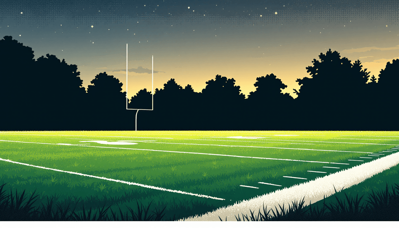 Stylized illustration of a football field at dusk
