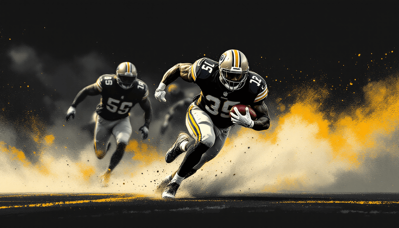 Stylized illustration of a running back breaking through a defensive line