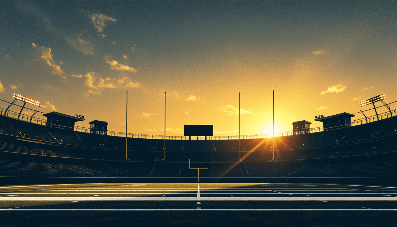Stylized illustration of an empty stadium at dusk